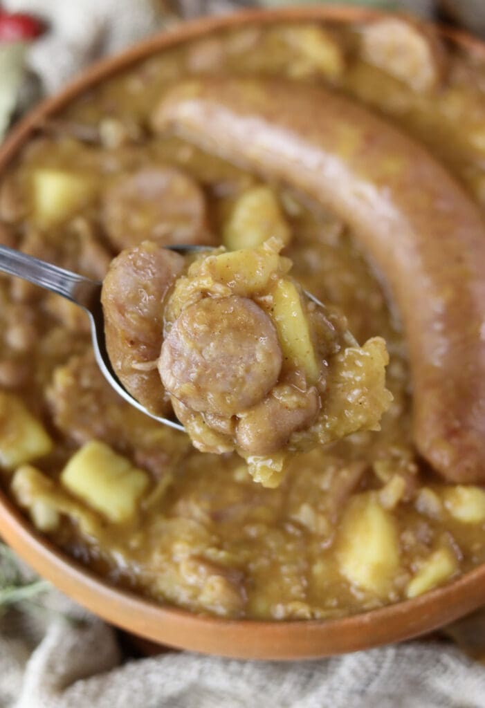 Spoonful of delicious Slovenian jota soup with pieces of carniolan sausage, saurkraut and potato cubes.